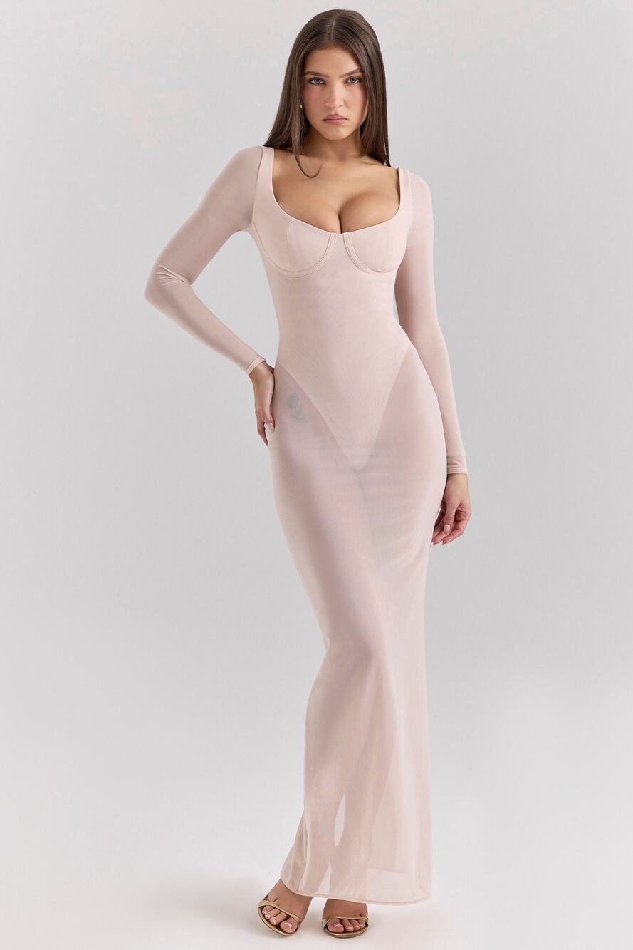 Houseofcb Mesh Maxi Dress With Bodysuit - S - Blush